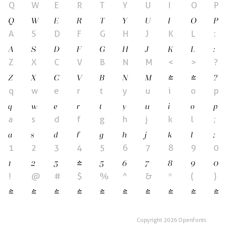 Character Map of FONTSPRING DEMO - Macaw Light Italic