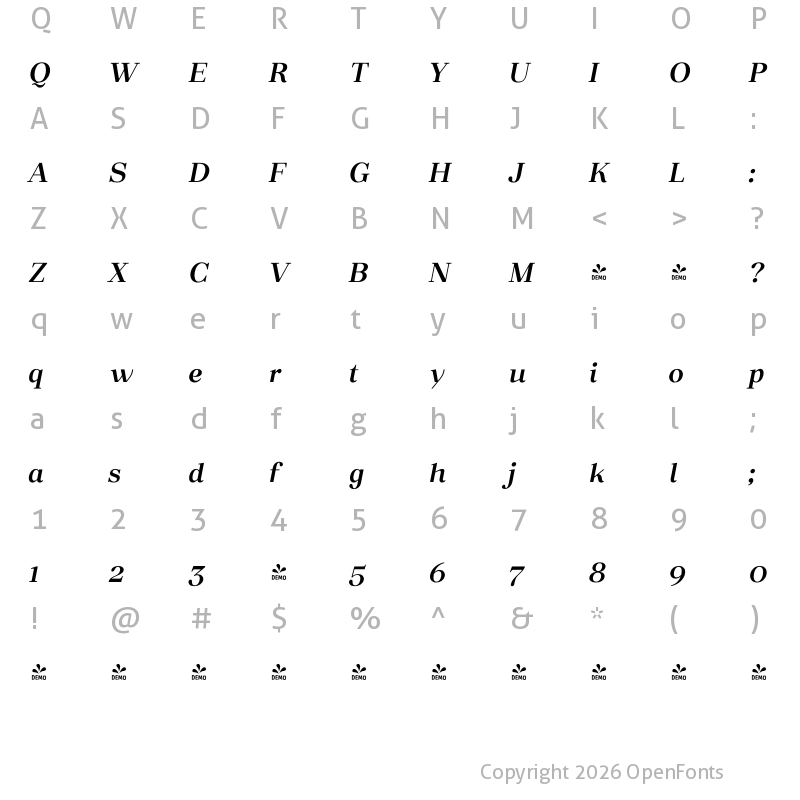 Character Map of FONTSPRING DEMO - Macaw Medium Italic