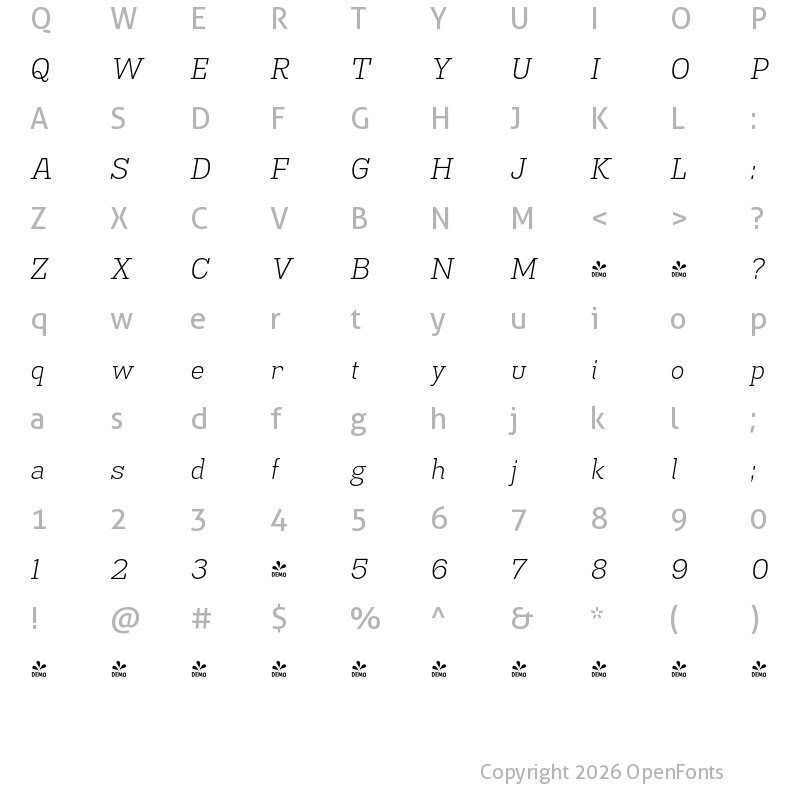 Character Map of FONTSPRING DEMO - Madawaska Lt Italic
