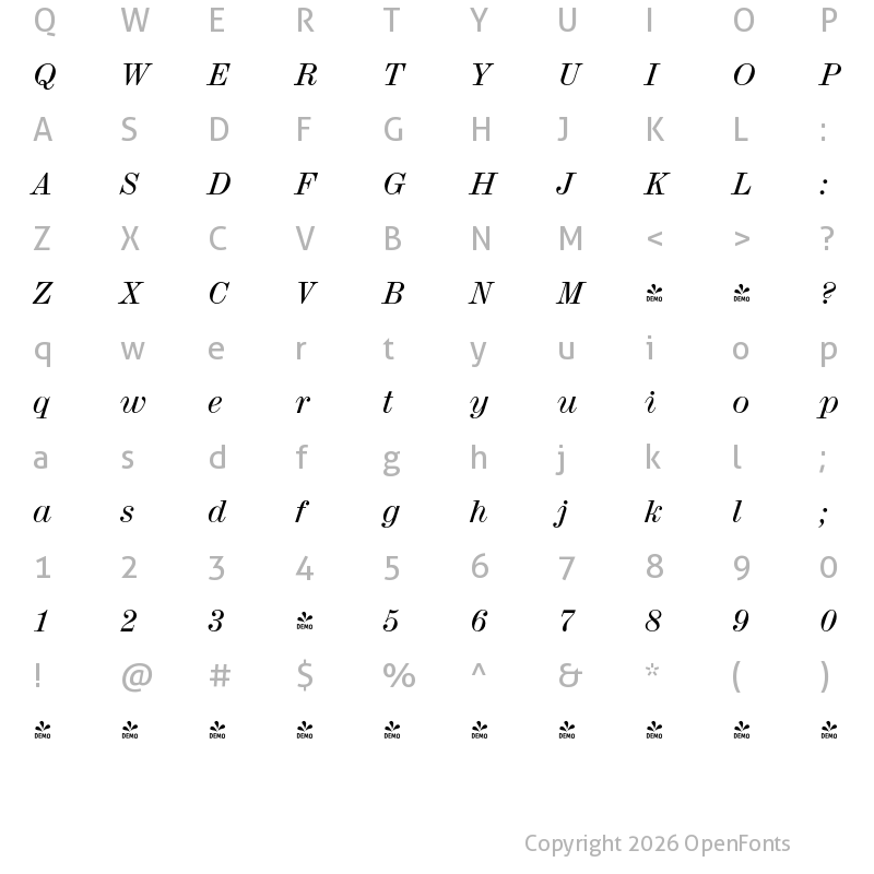 Character Map of FONTSPRING DEMO - Madeira Pro Italic