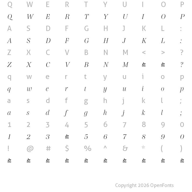 Character Map of FONTSPRING DEMO - Madigan Extralight Italic