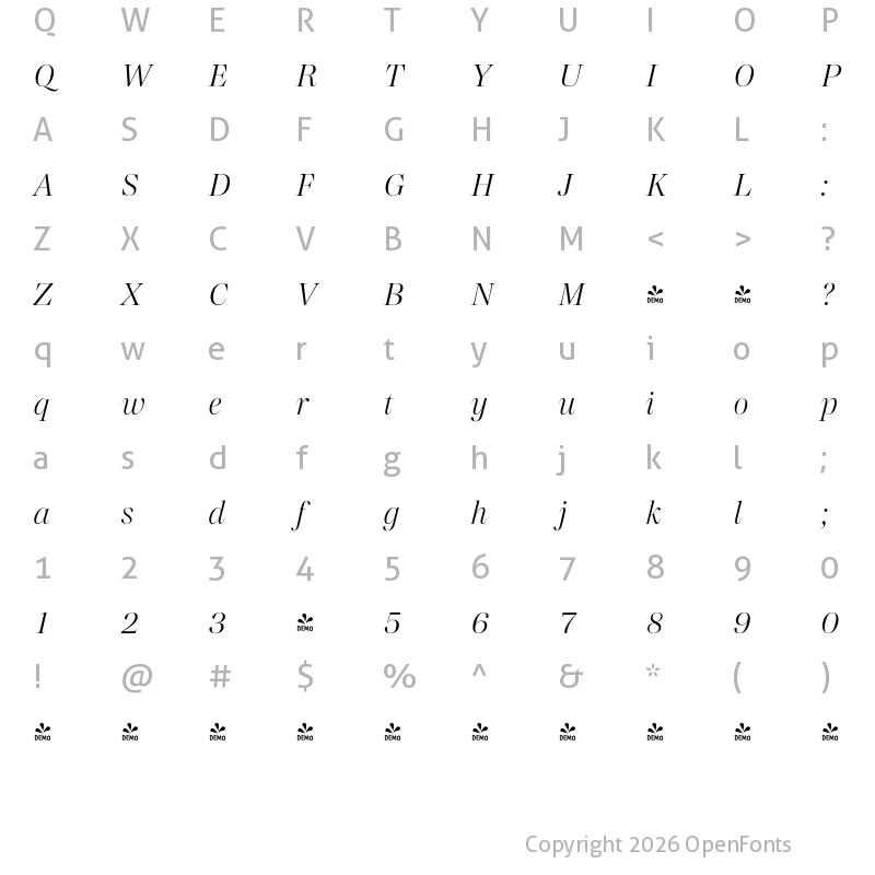 Character Map of FONTSPRING DEMO - Madigan Light Italic