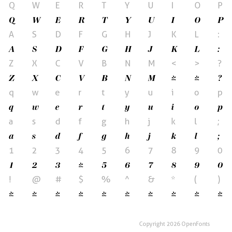 Character Map of FONTSPRING DEMO - Madigan Text Bold Italic