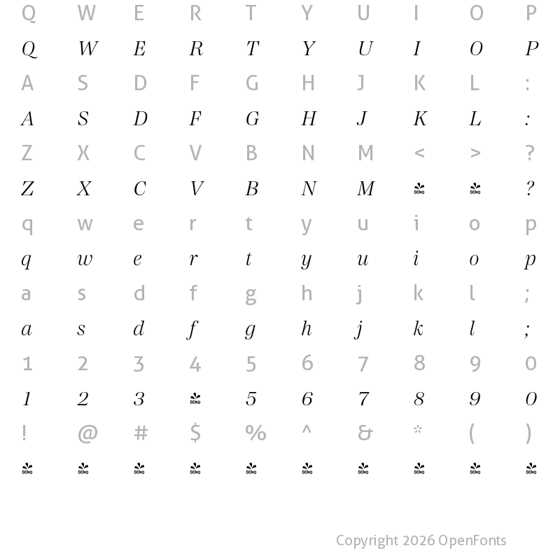 Character Map of FONTSPRING DEMO - Madigan Text Light Italic