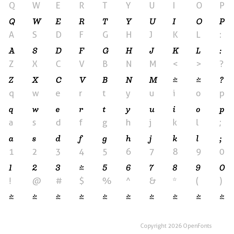 Character Map of FONTSPRING DEMO - Madley Bold Italic