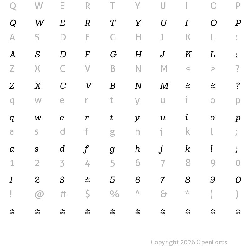 Character Map of FONTSPRING DEMO - Madley Medium Italic Regular