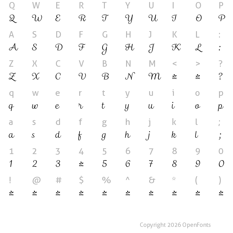 Character Map of FONTSPRING DEMO - Madre Script Italic