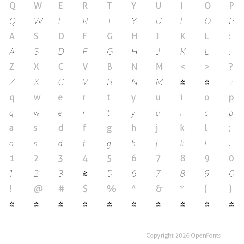 Character Map of FONTSPRING DEMO - Magdelin Alt Thin Italic