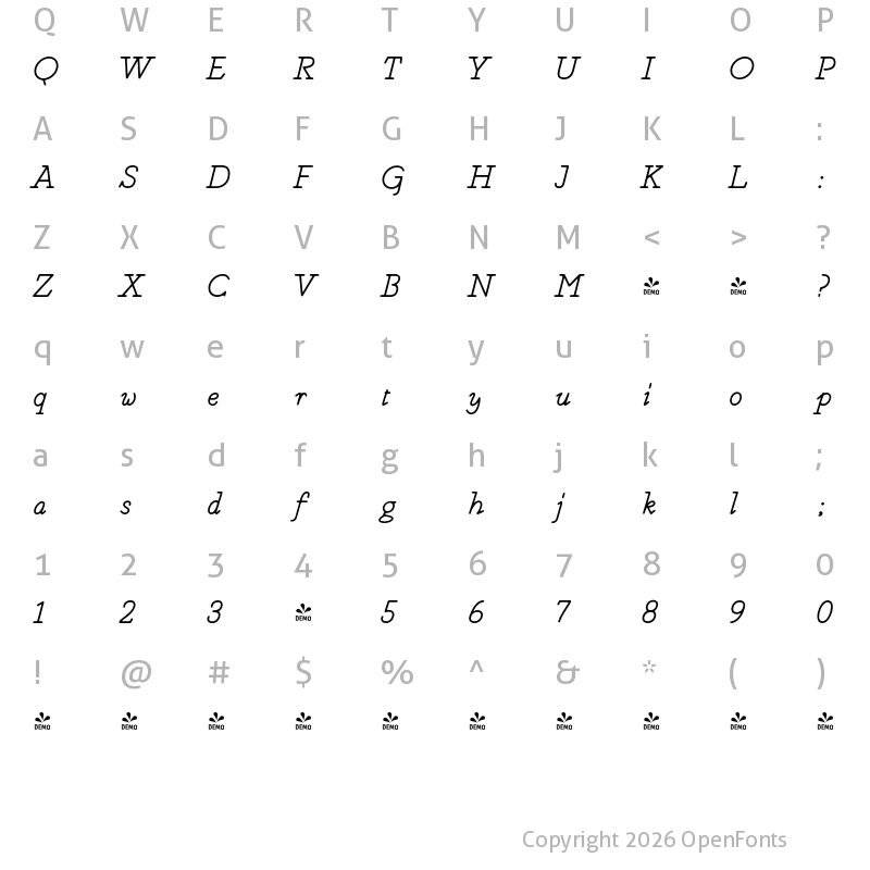 Character Map of FONTSPRING DEMO - Magendfret Italic