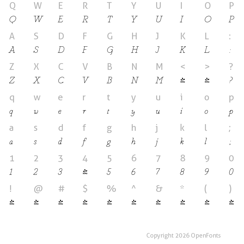 Character Map of FONTSPRING DEMO - Magendfret Light Italic