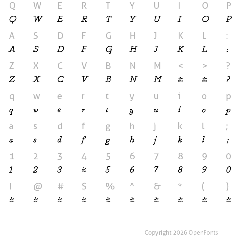 Character Map of FONTSPRING DEMO - Magendfret Medium Italic