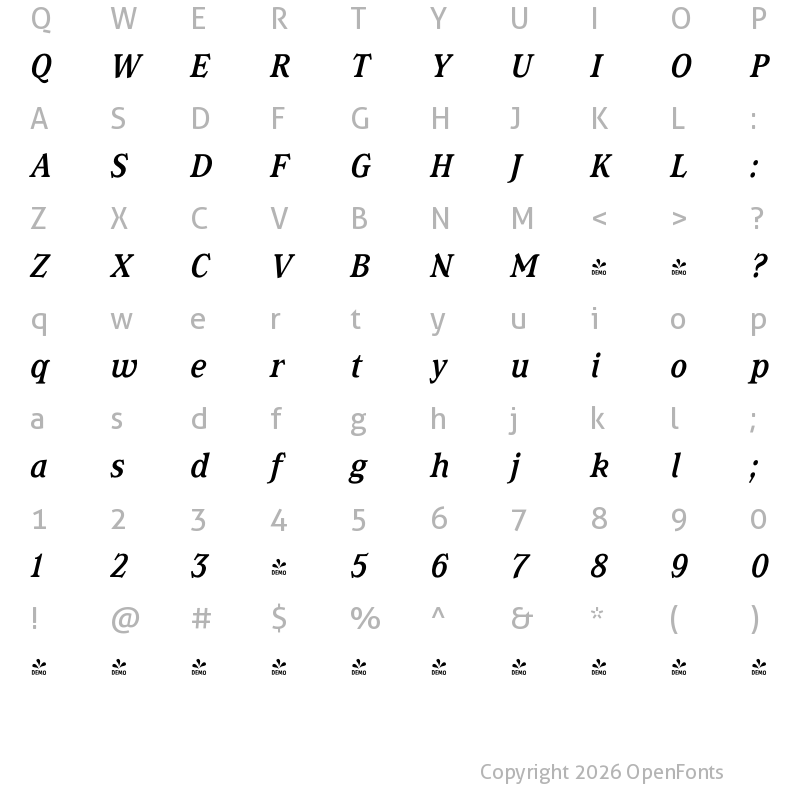 Character Map of FONTSPRING DEMO - Magica Med Italic
