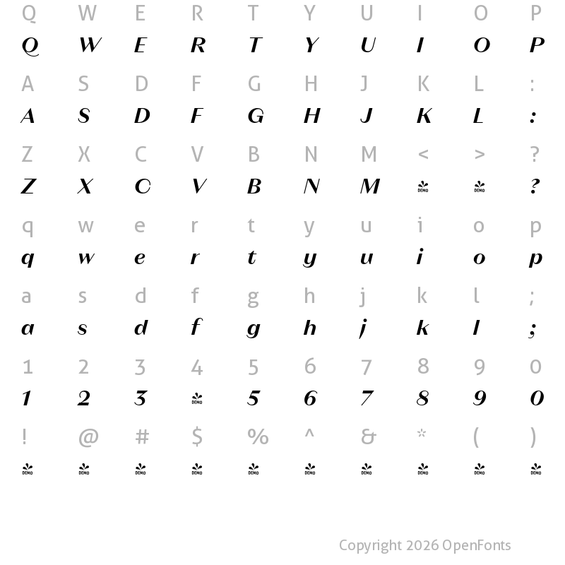 Character Map of FONTSPRING DEMO - Magnat Head SemiBold Italic