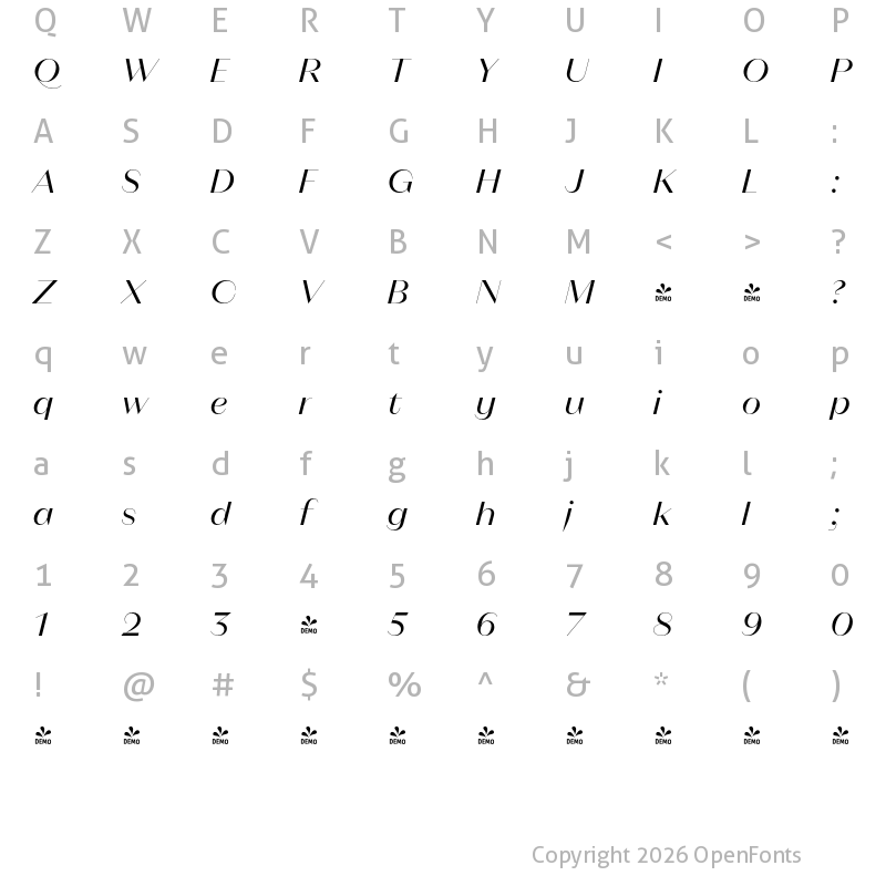 Character Map of FONTSPRING DEMO - Magnat Poster Italic