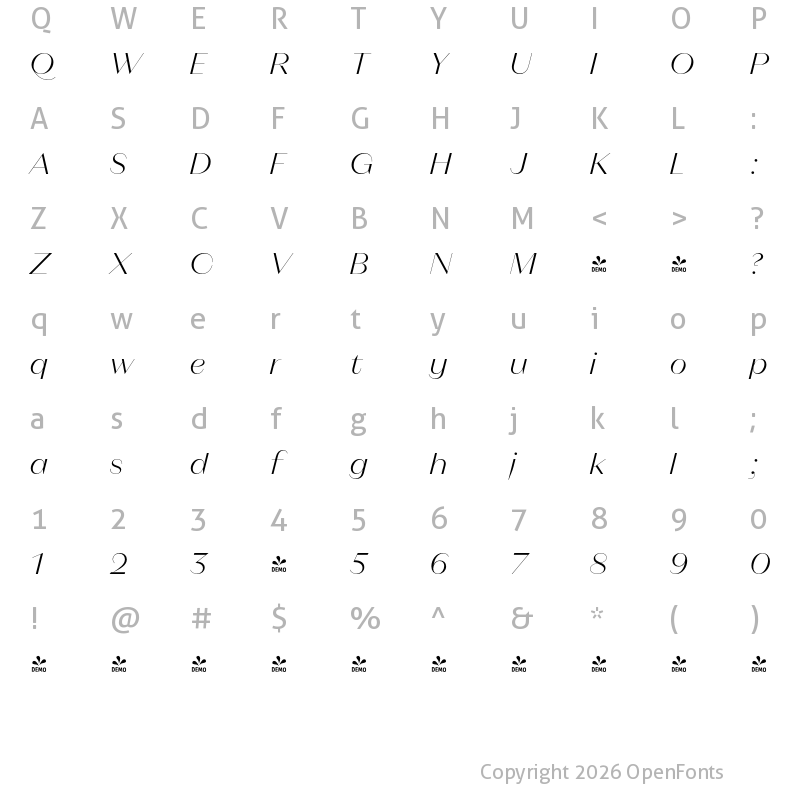 Character Map of FONTSPRING DEMO - Magnat Poster Light Italic