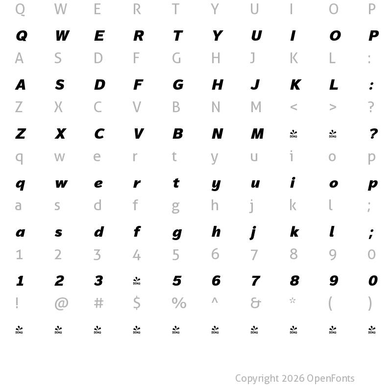 Character Map of FONTSPRING DEMO - Magnum Sans Pro Heavy Ital Italic