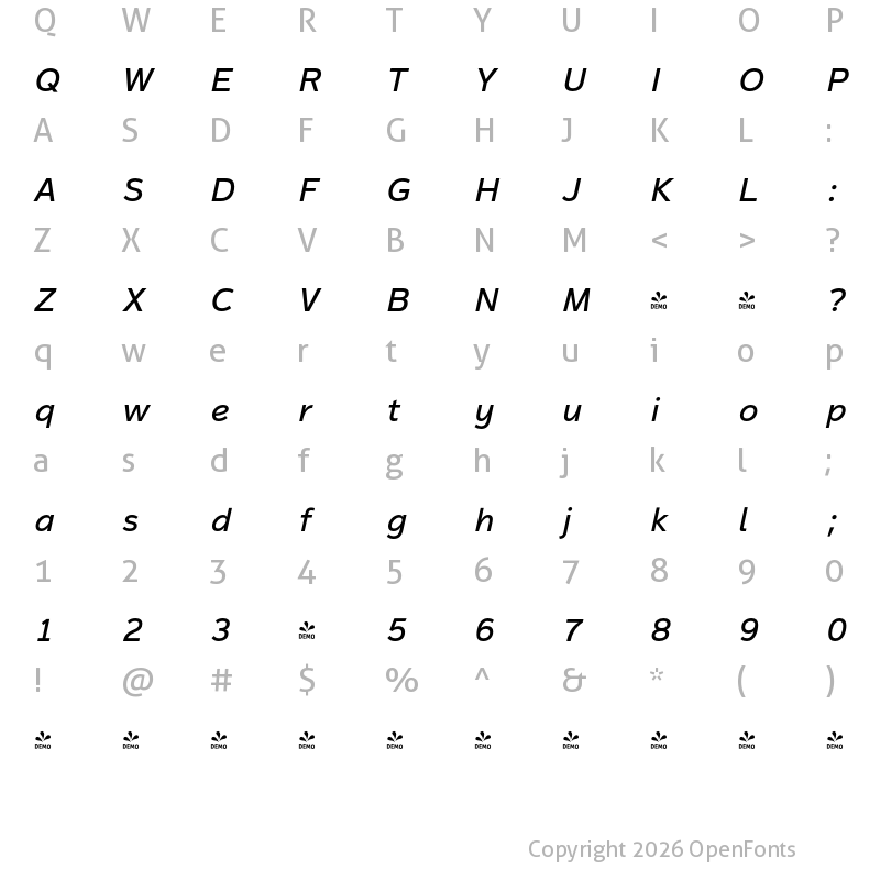 Character Map of FONTSPRING DEMO - Magnum Sans Pro Med Ital Italic