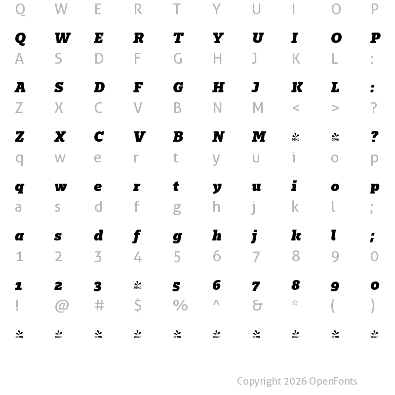 Character Map of FONTSPRING DEMO - Majora Pro Black It Regular