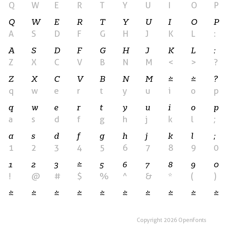 Character Map of FONTSPRING DEMO - Majora Pro It Regular
