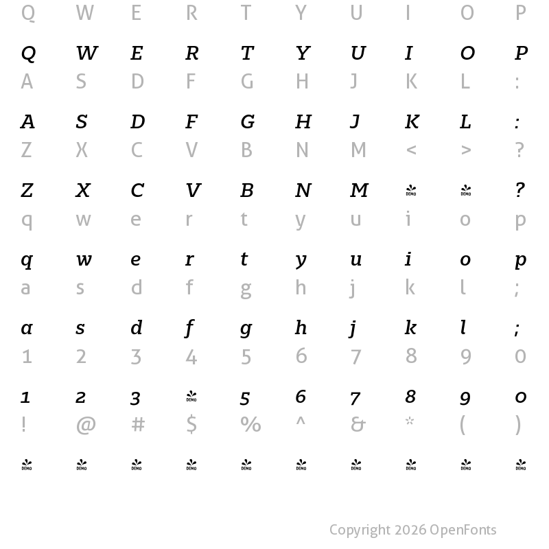 Character Map of FONTSPRING DEMO - Majora Pro SemiBold It Regular