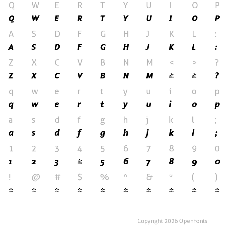Character Map of FONTSPRING DEMO - Malcom-BoldItalic Regular