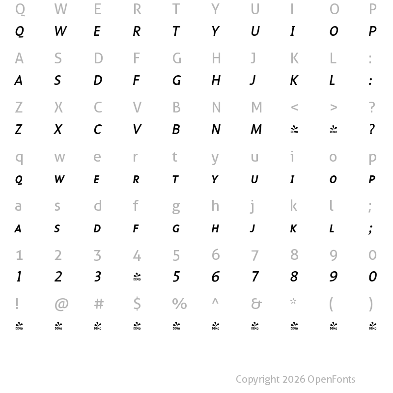 Character Map of FONTSPRING DEMO - Malcom-ExpertItalic Regular
