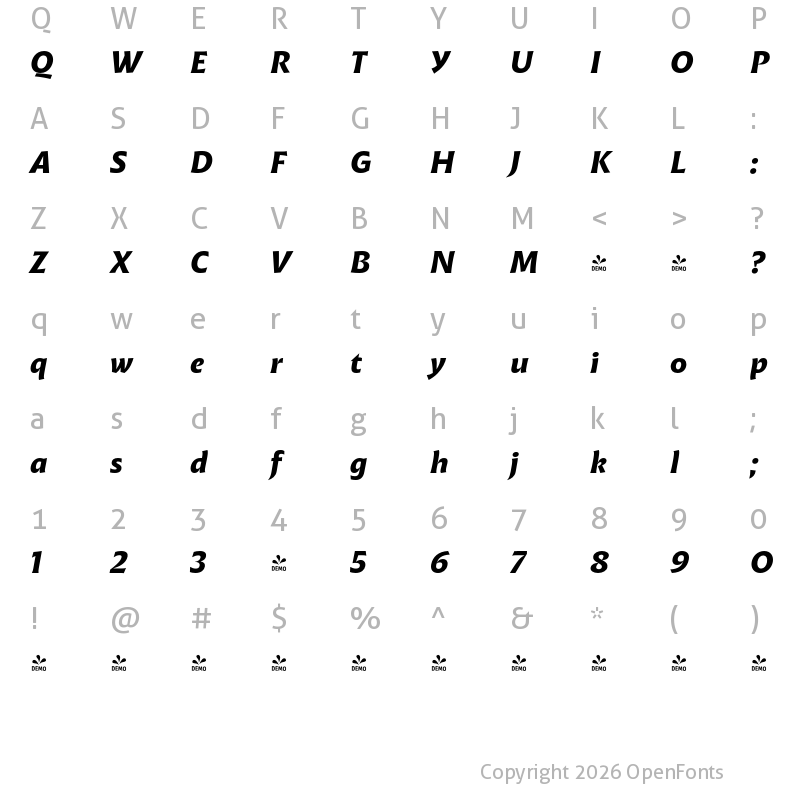 Character Map of FONTSPRING DEMO - Malik Bold Italic