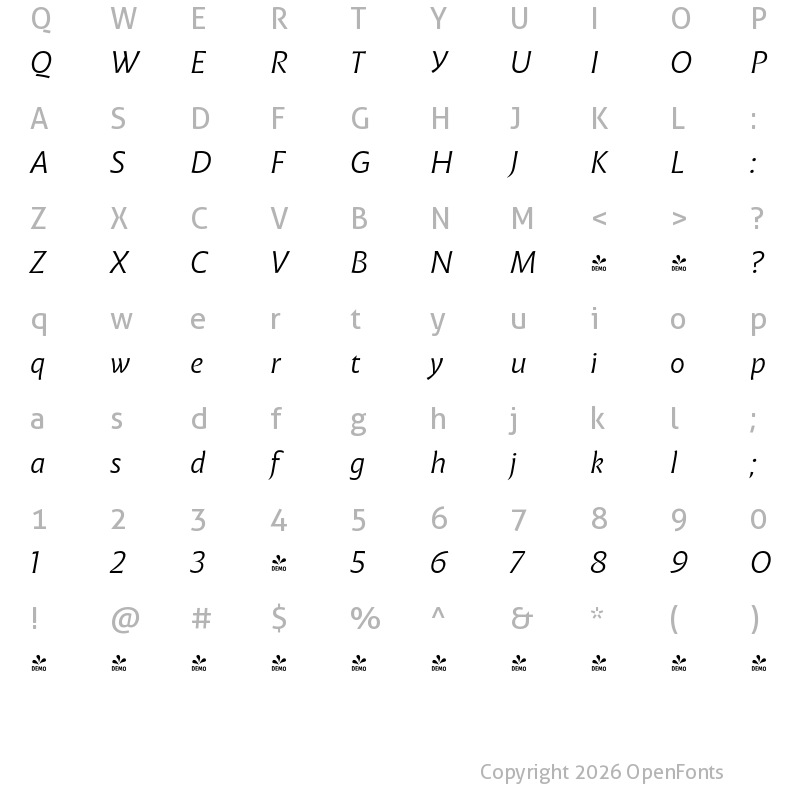 Character Map of FONTSPRING DEMO - Malik Book Italic