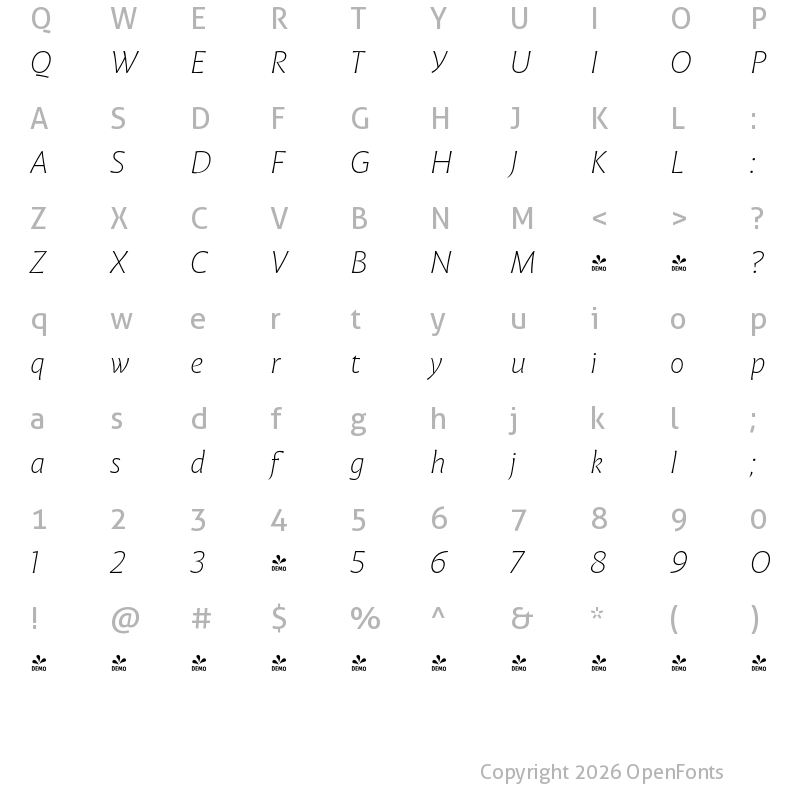 Character Map of FONTSPRING DEMO - Malik Extralight Italic