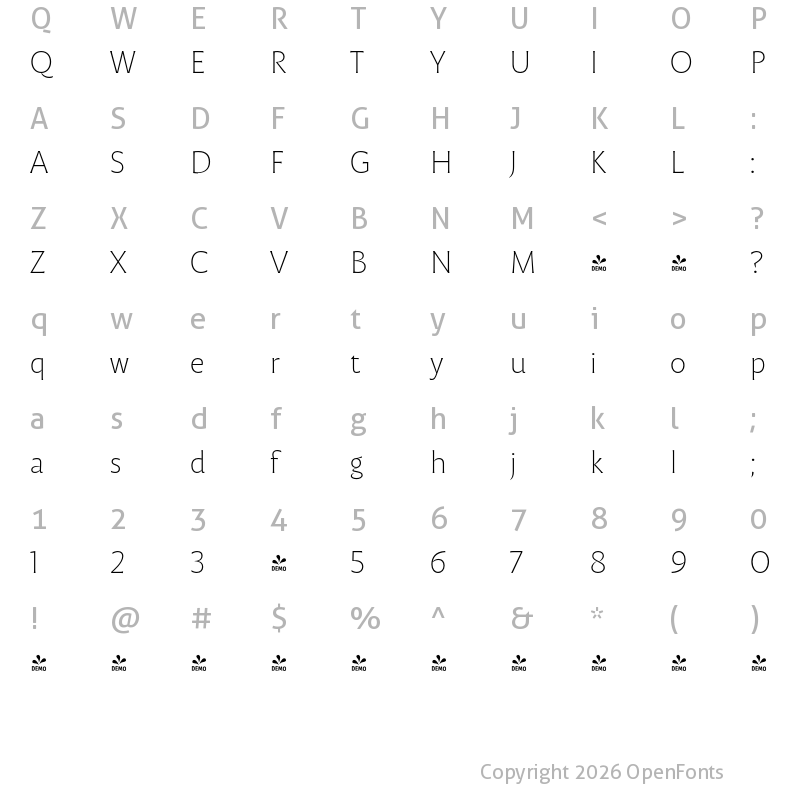 Character Map of FONTSPRING DEMO - Malik Extralight Regular