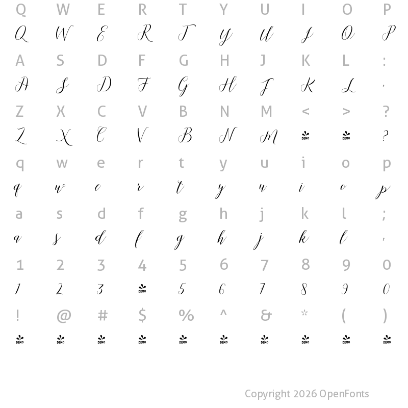 Character Map of FONTSPRING DEMO - Mallicot Script Regular