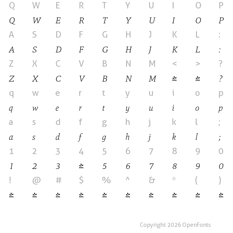 Character Map of FONTSPRING DEMO - Mangan ExtraLight Italic