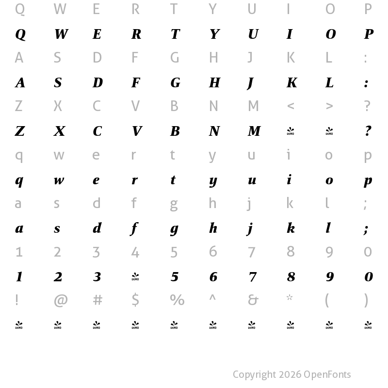 Character Map of FONTSPRING DEMO - Mangan Heavy Italic