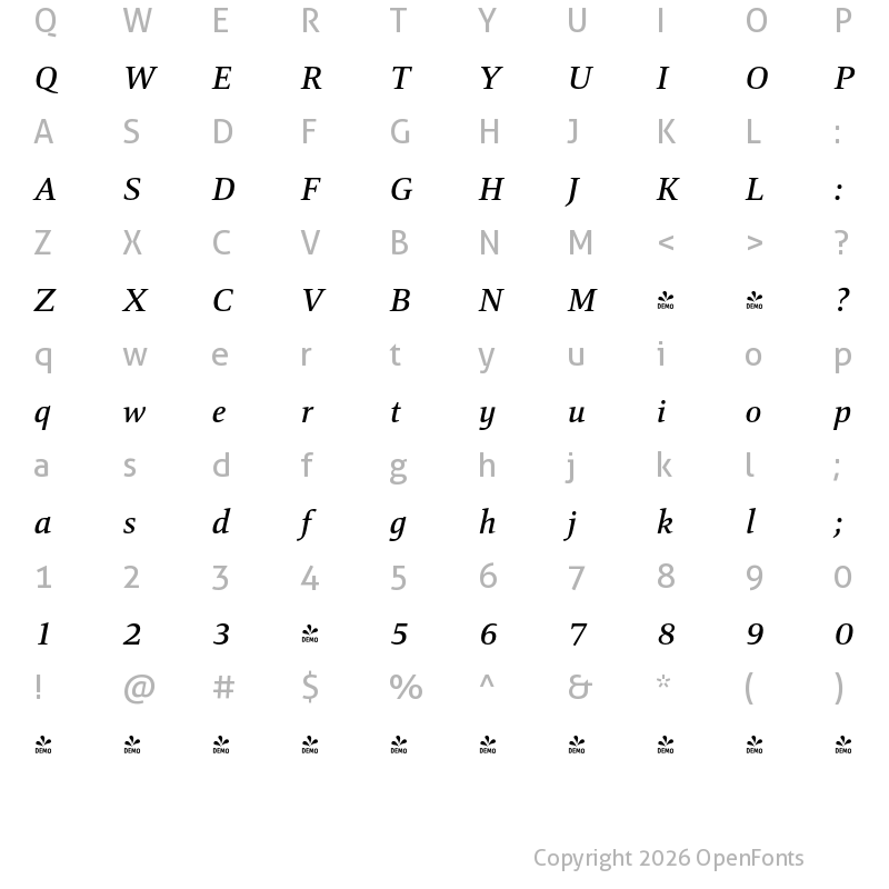 Character Map of FONTSPRING DEMO - Mangan Medium Italic