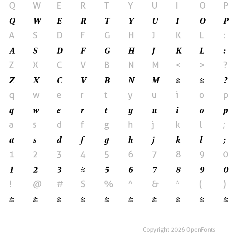 Character Map of FONTSPRING DEMO - Mangan Nova ExtraBold Italic