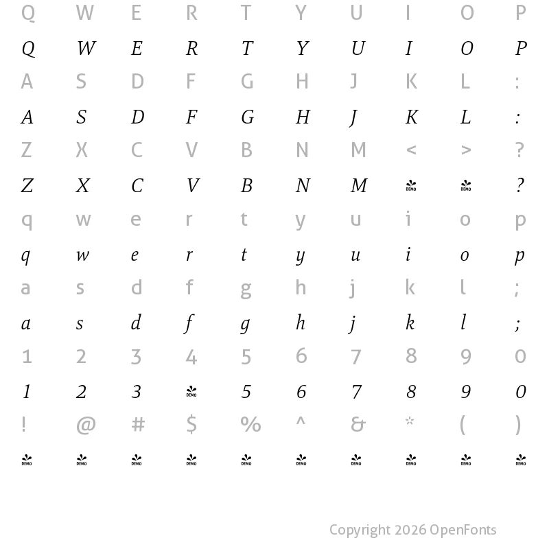 Character Map of FONTSPRING DEMO - Mangan Nova Light Italic