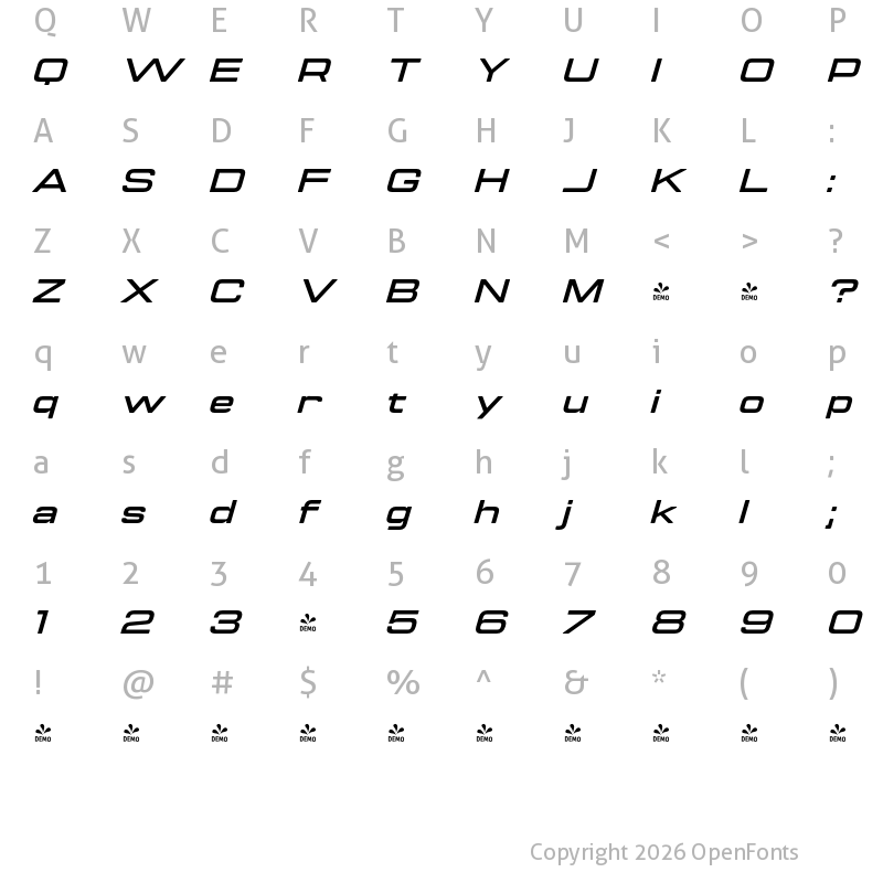 Character Map of FONTSPRING DEMO - Manifold Extended CF Extra Bold Italic
