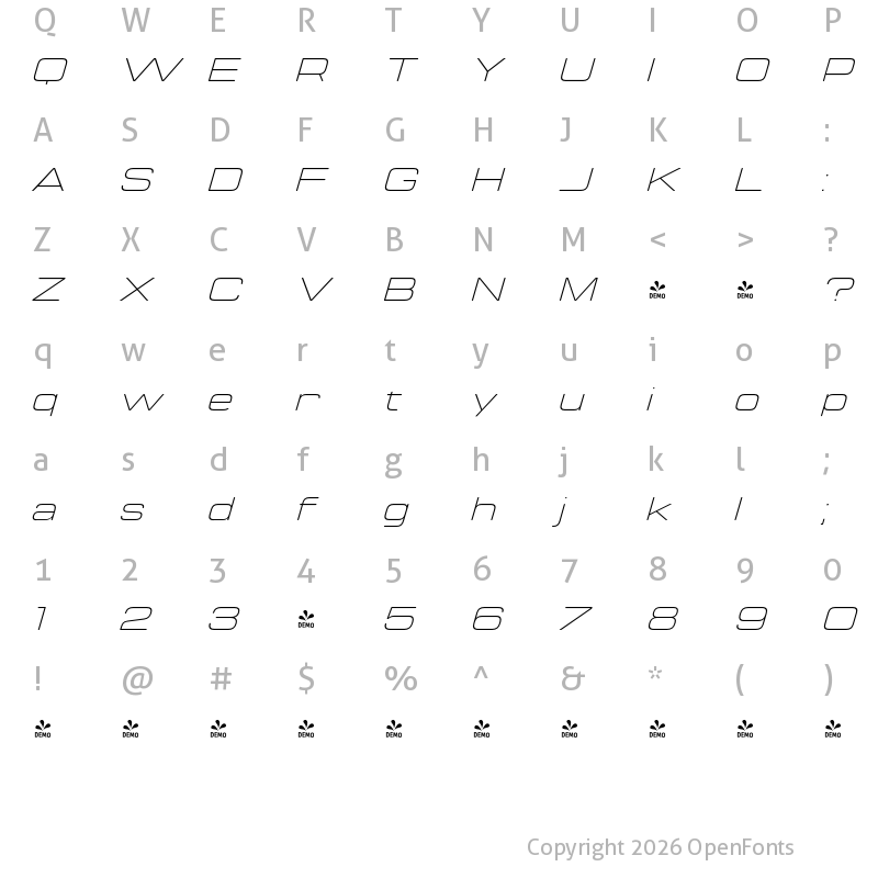 Character Map of FONTSPRING DEMO - Manifold Extended CF Thin Italic