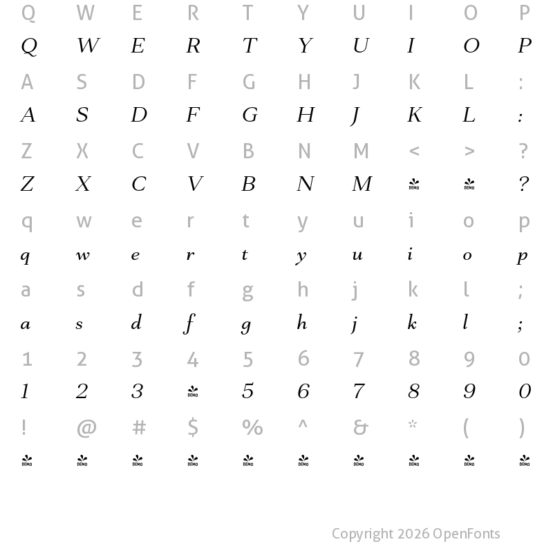 Character Map of FONTSPRING DEMO - Mantonico Italic