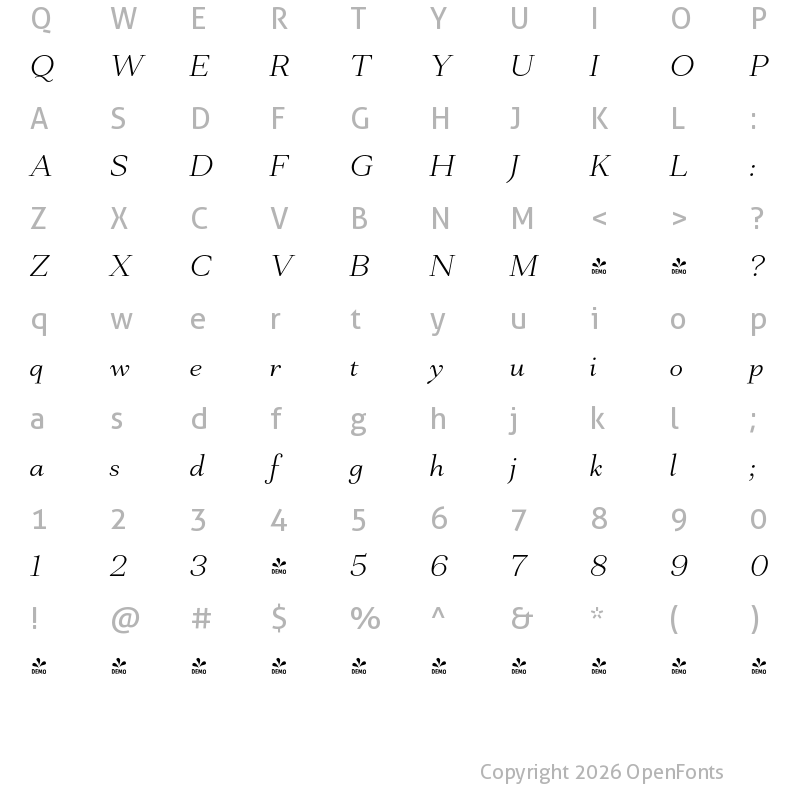 Character Map of FONTSPRING DEMO - Mantonico Light Italic