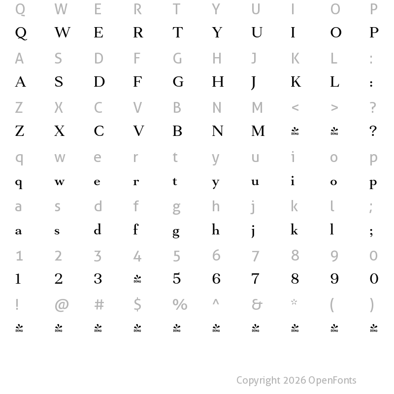 Character Map of FONTSPRING DEMO - Mantonico Med Regular