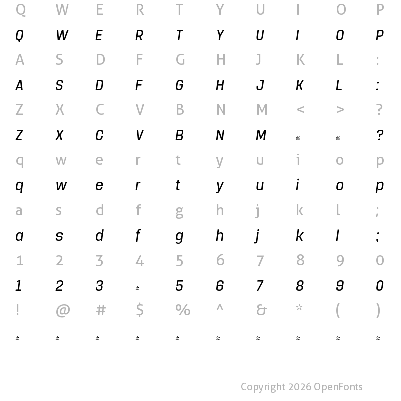Character Map of FONTSPRING DEMO - Manual Light Condensed Italic