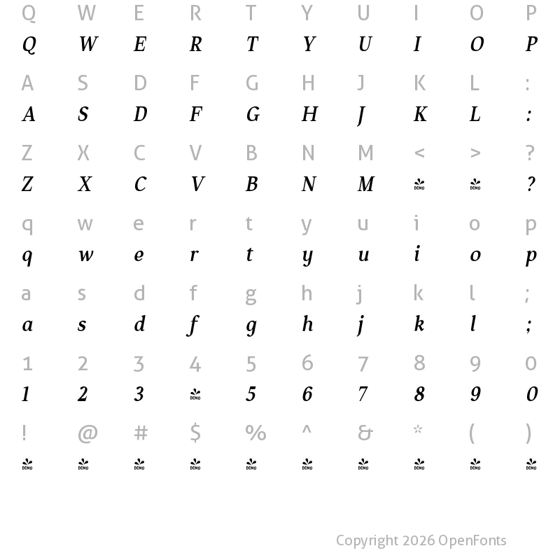 Character Map of FONTSPRING DEMO - Manzello Bold Italic Regular
