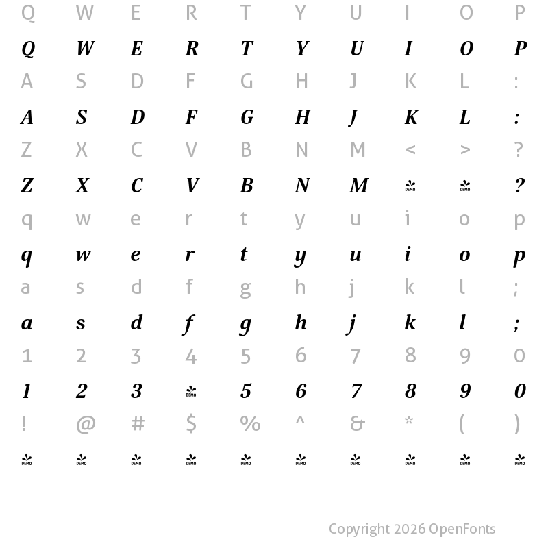Character Map of FONTSPRING DEMO - Margon 360 Bold Italic