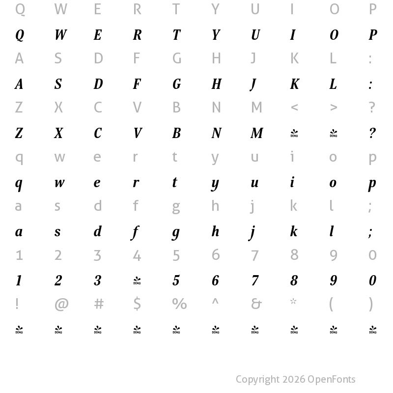 Character Map of FONTSPRING DEMO - Margon 400 Bold Italic