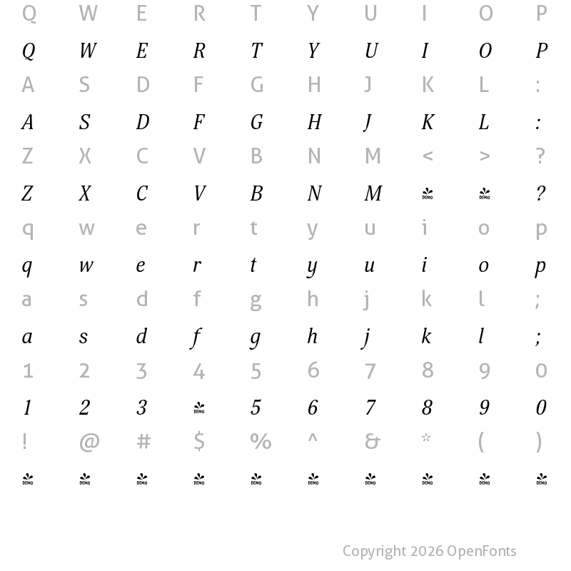 Character Map of FONTSPRING DEMO - Margon 400 Italic