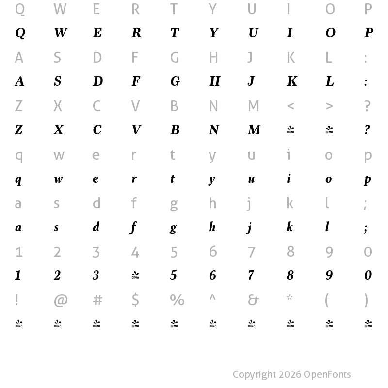 Character Map of FONTSPRING DEMO - Marion Standard Bold Italic