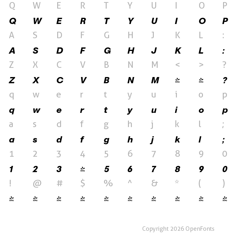 Character Map of FONTSPRING DEMO - Marlin Sans SQ ExtBd Italic