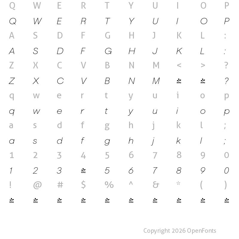 Character Map of FONTSPRING DEMO - Marlin Sans SQ ExtLt Italic