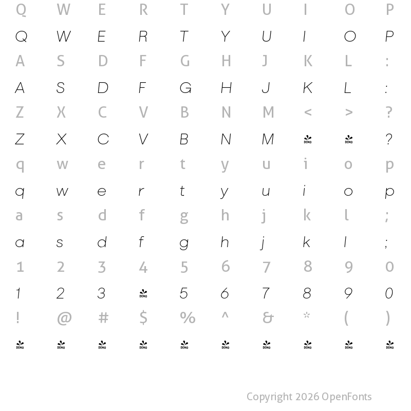 Character Map of FONTSPRING DEMO - Marlin Sans SQ Slant ExtLt Regular